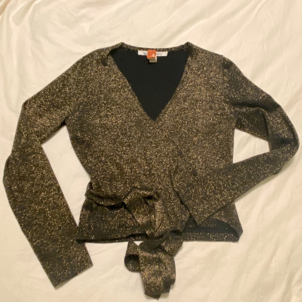 Diane Von Furstenberg metallic gold/black wrap ballerina sweater,DVF, sz M, $299